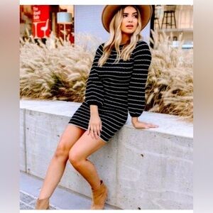 Kittenish Black and White Striped Long Sleeve Dress